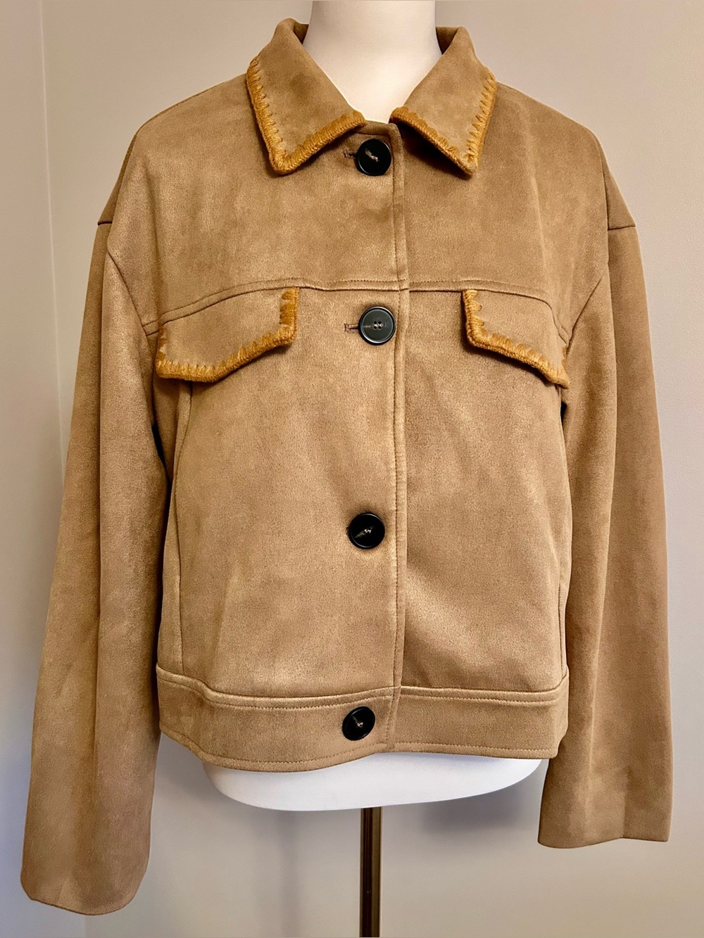 NWT - Cider Suede Jacket in Tan w Blanket Stitch Trim in Cognac - Picture 6 of 13